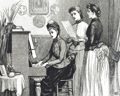 Grawerunek przedstawiający młode panie śpiewające w salonie autorstwa George du Maurier
