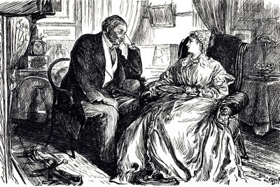 Kreskówka Georgesa du Mauriera ilustrująca mężczyznę i kobietę w rozmowie o uspokajających korzyściach oleju z wątroby dorsza. Anglia 1869 autorstwa George du Maurier