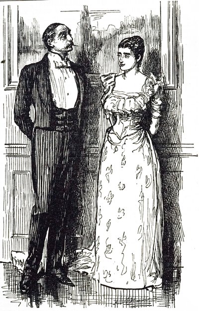Kreskówka Georgesa du Mauriera ilustrująca mężczyznę i kobietę w rozmowie na imprezie towarzyskiej, Anglia 1891 autorstwa George du Maurier