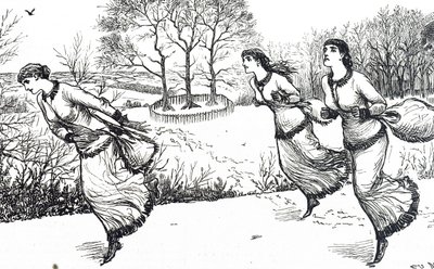 Ilustracja przedstawiająca dziewczyny wytyczające szlak dla zająca i ogarów autorstwa George du Maurier