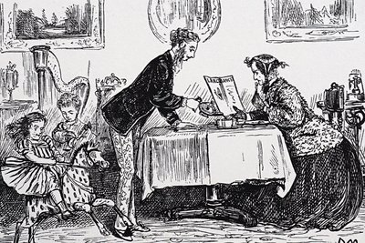 W 1865 Elizabeth Garrett Anderson otrzymała licencję na wykonywanie zawodu lekarza jako pierwsza kobieta-lekarz autorstwa George du Maurier