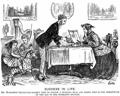 Sukces w życiu: odwrócenie ról i nowoczesna profesjonalna kobieta. Rysunek George du Maurier dla Punch Almanack na rok 1867. W 1865 Elizabeth Garrett Anderson (1836-1917) uzyskała licencję Towarzystwa Aptekarskiego na wykonywanie zawodu. autorstwa George du Maurier
