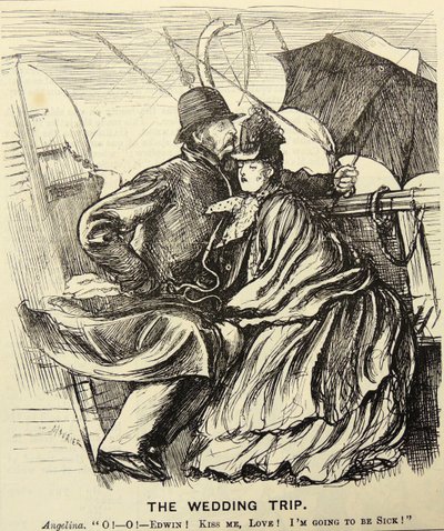 Podróż ślubna: para poślubna cierpiąca na chorobę morską podczas przekraczania kanału La Manche. Kreskówka George du Maurier z „Punch”, Londyn autorstwa George du Maurier