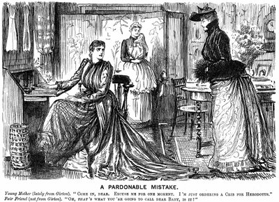 Edukacja uniwersytecka dla kobiet, która sprawia, że ich rozmowa dezorientuje mniej wykształconych przyjaciół. George du Maurier kreskówka z Punch Londyn 7 grudnia 1889. Grawerowanie autorstwa George du Maurier