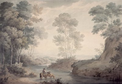 Krajobraz z rzeką i pojonymi końmi autorstwa George the Elder Barret