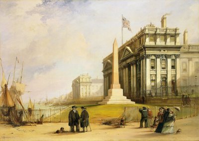 Obelisk Bellota w szpitalu Greenwich w Londynie (Anglia), pomnik upamiętniający francuskiego porucznika Josepha René Bellota, który zginął w 1853 r. w poszukiwaniu zaginionej wyprawy Johna Franklina (1756-1847) do Arktyki. autorstwa George the Elder Chambers
