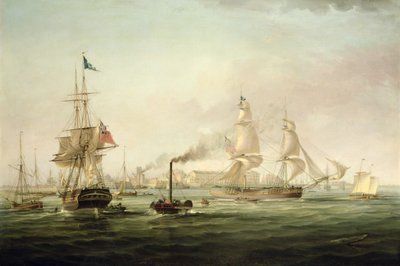 Widok portu w Hull z okrętem Spartan (olej na płótnie) autorstwa George the Elder Chambers