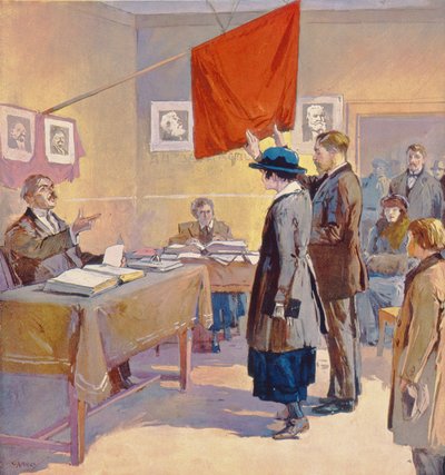 Ślub cywilny w Rosji w czasie rewolucji, ok. 1923 r. (kolorowa litografia) autorstwa Georges (after) Carrey