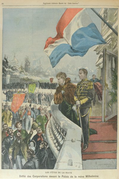 Procesja korporacji w Hadze przed królową Wilhelminą Niderlandzką z okazji jej ślubu z księciem Henrykiem Meklemburskim, luty 1901 r. (kolorowa litografia) autorstwa Georges (after) Carrey