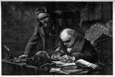 Egiptolog badający w swoim gabinecie fragment archeologiczny z Egiptu. Grawer Baude z obrazu Moreau de Tours. Grawerowanie w „”Le Monde Illustré”” autorstwa Georges (after) Moreau de Tours