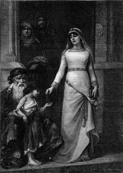 Blanche de Castille, królowa Francji (1188 - 1252), nazywana Miłością Ubogich” (1879). Grawer według obrazu Georgesa Moreau de Tours (1848-1901) w „Świat sławny” nr 1267 z 9 lipca autorstwa Georges (after) Moreau de Tours