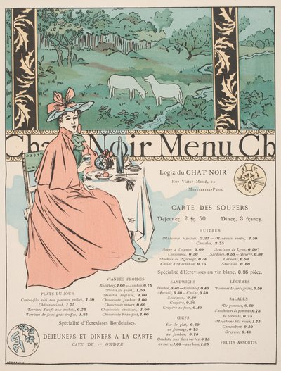 Menu z Chat Noir (kolorowa lito i pochoir) autorstwa Georges Auriol