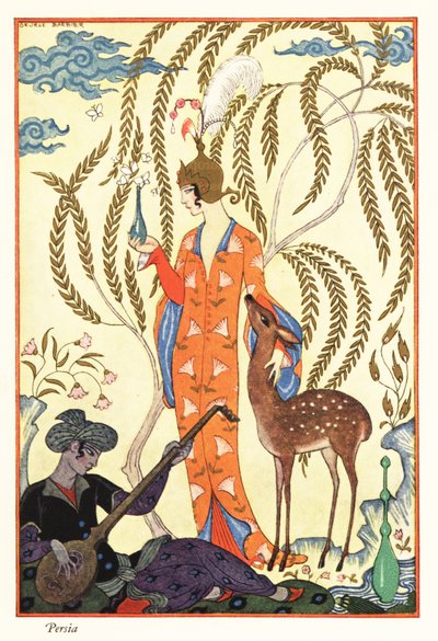 Kobieta trzyma flakonik perfum, starożytna Persja autorstwa Georges Barbier