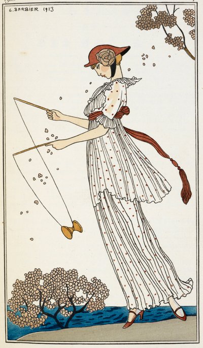 Kobieta ubrana w białą lnianą sukienkę z nadrukiem, bawi się zabawką autorstwa Georges Barbier