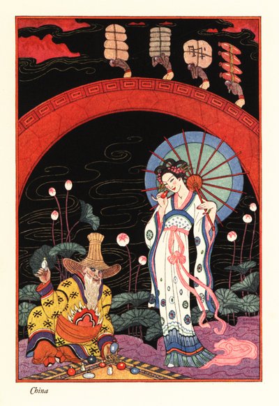 Młoda kobieta z lakierowanym parasolem, wąchająca flakonik perfum autorstwa Georges Barbier
