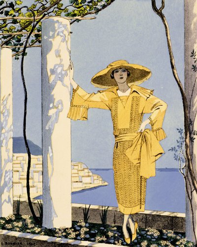 Amalfi, ilustracja kobiety w żółtej sukience autorstwa Worth autorstwa Georges Barbier