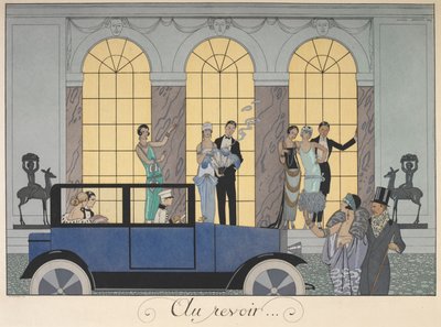 Do widzenia. Ludzie wyjeżdżający w samochodzie. Ludzie w strojach wieczorowych. autorstwa Georges Barbier