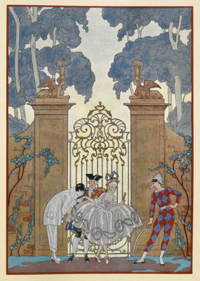 Kolumbina. Ludzie stojący przed bramą. Pierrot. autorstwa Georges Barbier