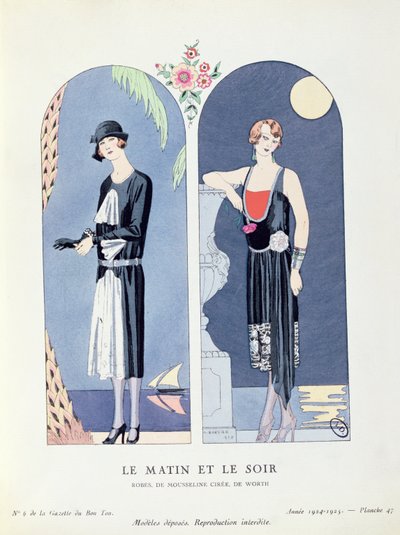 Dzień i noc, płyta 47 z „La Gazette du Bon Ton” przedstawiająca suknie dzienne i wieczorowe autorstwa Georges Barbier