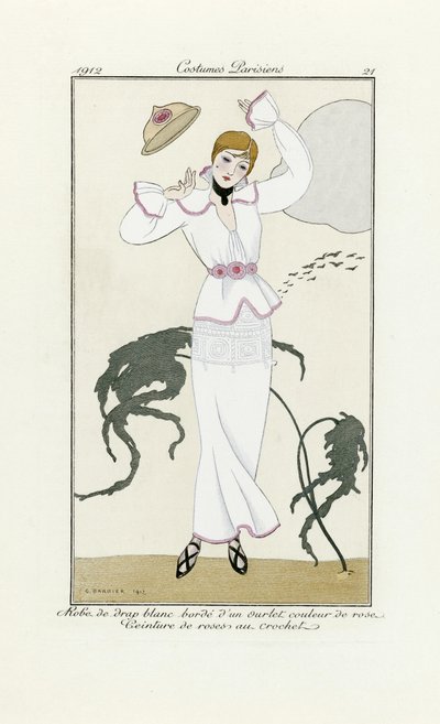Projekt na białą sukienkę z różowym wykończeniem i szydełkowym paskiem, z Costumes Parisien, wyd. 1912 (druk w pochoirze) autorstwa Georges Barbier