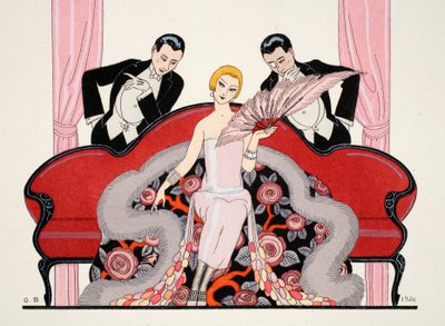 Fragment przedniej okładki „Falbalas et Fanfreluches, Almanach teraźniejszości, przeszłości i przyszłości” autorstwa Georges Barbier