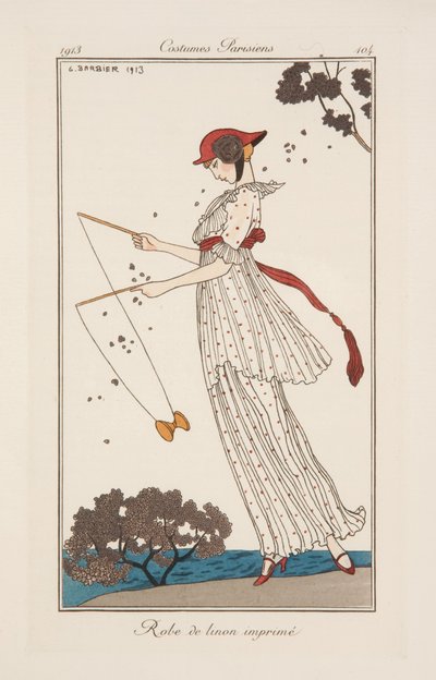 Sukienka z lnu z nadrukiem, ilustracja z „Journal des Dames et des Modes” autorstwa Georges Barbier