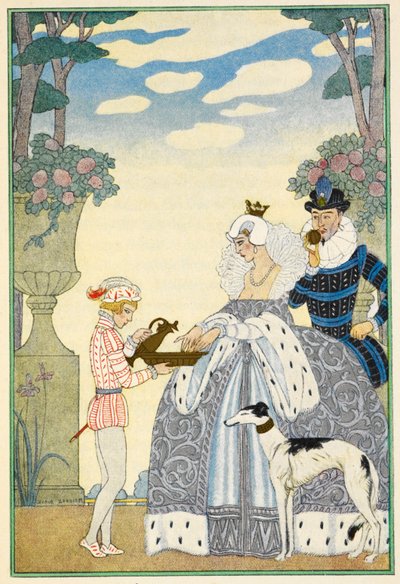 Elżbietańska Anglia. Dama, dżentelmen i służący. Chart. autorstwa Georges Barbier