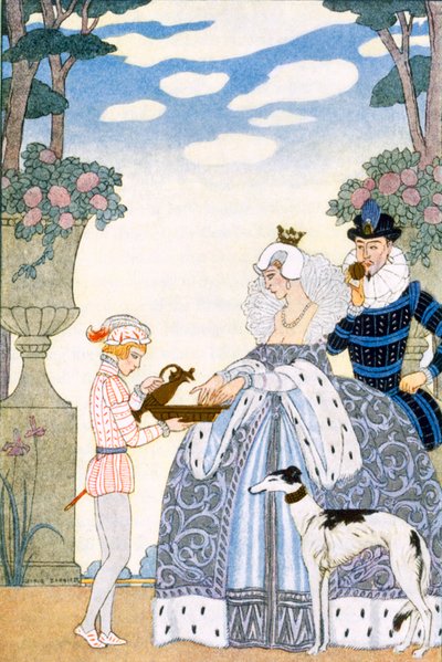 Elżbietańska Anglia, z „The Art of Perfume”, wyd. 1912 (odbitka w pochoirze) autorstwa Georges Barbier