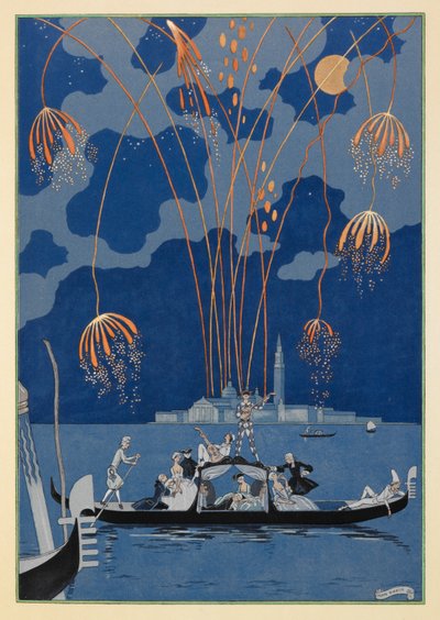 En bateau. Fajerwerki w Wenecji. Ludzie w gondoli. autorstwa Georges Barbier