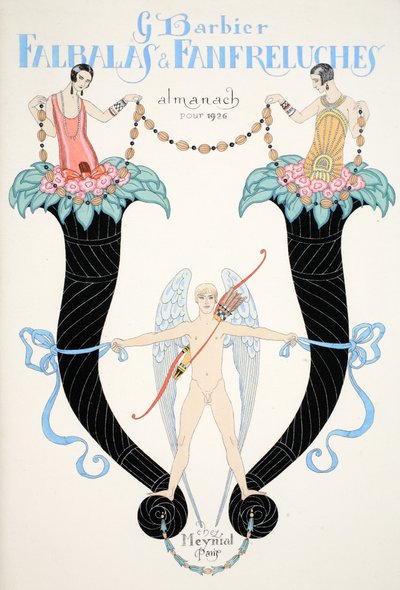 Przednia okładka „Falbalas i Fanfreluches, almanach trybów teraźniejszości, przeszłości i przyszłości” autorstwa Georges Barbier