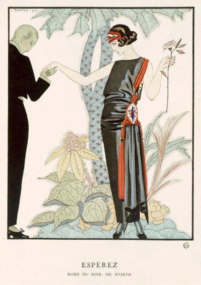 "Gazette du Bon Ton"; Esperez, suknia wieczorowa projektu Wortha, ok. 1920 r. (kolorowa litografia) autorstwa Georges Barbier