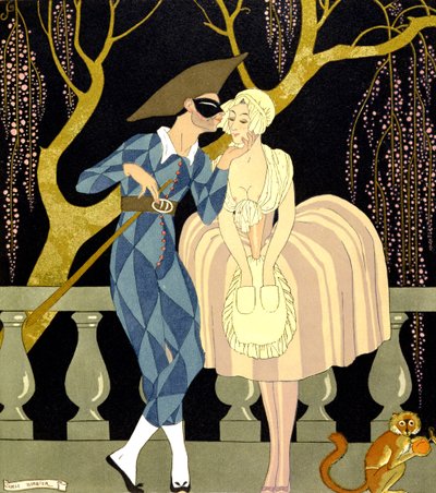 Pocałunek Harlequina (akwarela na papierze) autorstwa Georges Barbier