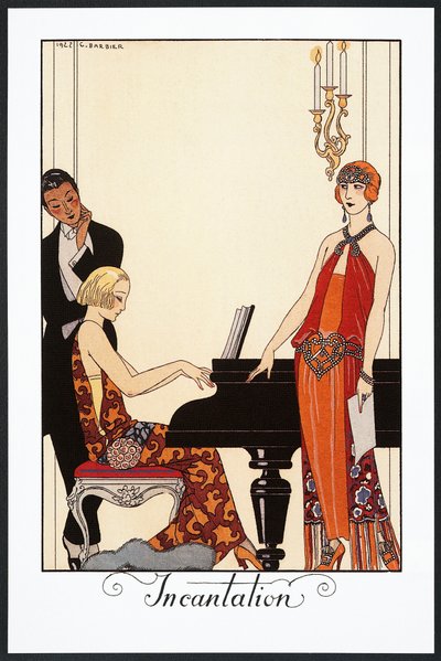 Zaklęcie, pianista i kobieta ubrana w suknie wieczorowe, ilustracja z Falbalas et Fanfreluches, Almanach 1923 autorstwa Georges Barbier