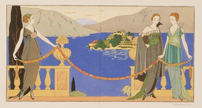 Isola Bella, suknie wieczorowe zaprojektowane przez Redfern, płyta 57 z „Gazette du Bon Ton”, czerwiec 1914 (odbitka w pochoirze) autorstwa Georges Barbier