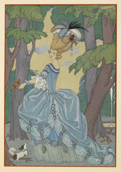 Allee. Piękna kobieta z małym psem. Kobieta ma wyszukaną fryzurę z piórami. autorstwa Georges Barbier