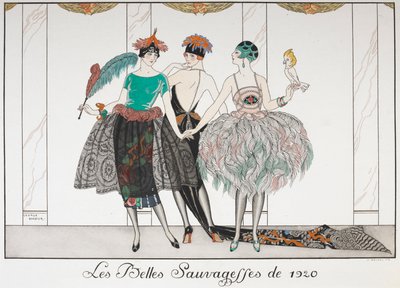 Les Belles Sauvagettes z 1920 roku. Trzy kobiety w szeregu w egzotycznych sukienkach. autorstwa Georges Barbier