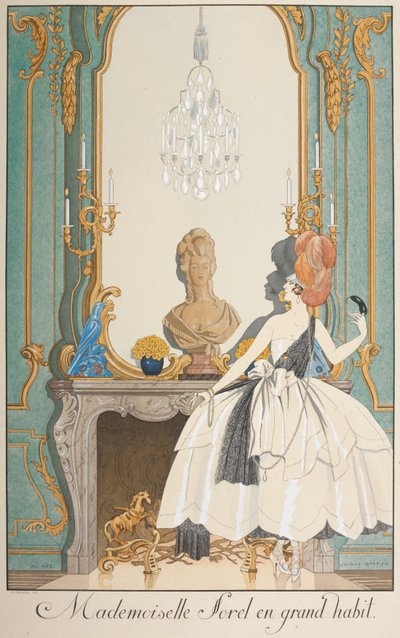 Mademoiselle Sorel w wielkim habicie. Kobieta stojąca przed kominkiem. autorstwa Georges Barbier