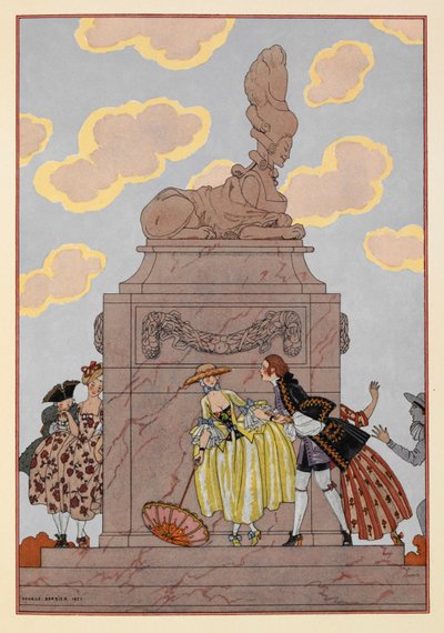 Mandolina. Ludzie stojący wokół pomnika. jedna kobieta trzyma parasol. Znaczące chmury. autorstwa Georges Barbier