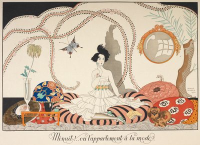 Środek nocy ! ..lub modne mieszkanie. Kobieta siedząca wśród wielu poduszek. Z nią jej pies. autorstwa Georges Barbier