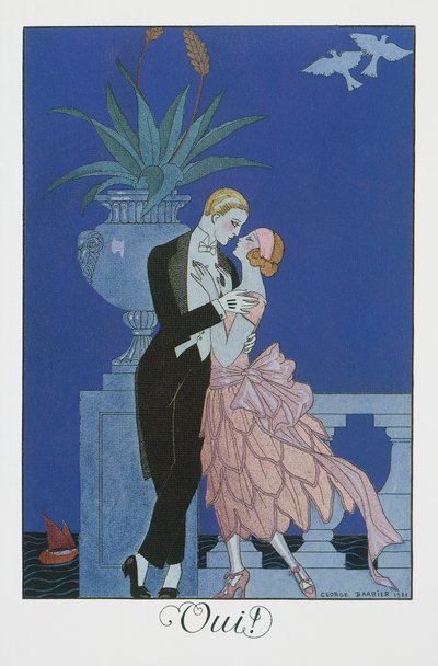 Tak, dwoje młodych narzeczonych w strojach wieczorowych, litografia Georgera Barbiera (1882-1932), z Falbalas et Fanfreluches, Almanach des Modes Presentes, Passees et Futures autorstwa Georges Barbier