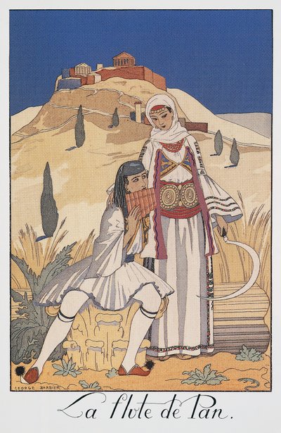 Fletista przedstawiający tradycyjne greckie stroje autorstwa Georges Barbier
