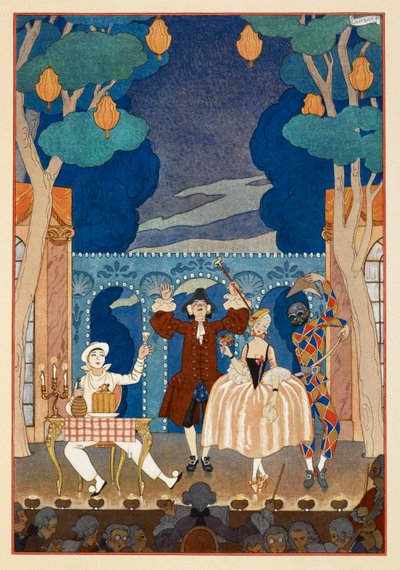 Pantomima. Pierrot i Arlekin. Mężczyzna i ładna kobieta. Wszystko na scenie. autorstwa Georges Barbier