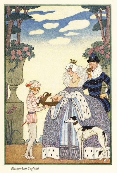 Królowa Elżbieta myje ręce w misce trzymanej przez swojego paziowego chłopca. 1928 (druk) autorstwa Georges Barbier