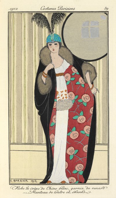 „Biała suknia z krepy de chiny obszyta lisem. Płaszcz wydry i skunksy” autorstwa Georges Barbier
