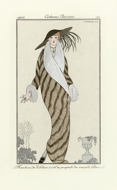 Płaszcz sobolowy z wykończeniem z białego lisa, z Costumes Parisien, wyd. 1912 (odbitka w pochoirze) autorstwa Georges Barbier