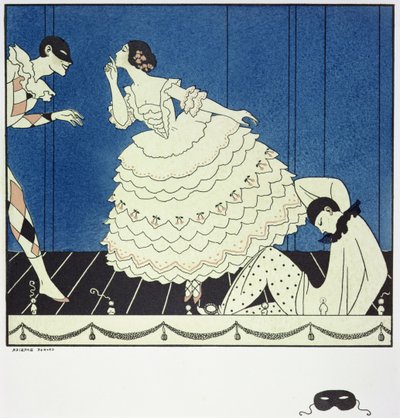Tamara Karsavina (1885-1978) jako Columbine, Wacław Niżyński (1890-1950) jako Arlekin i Adolph Bolm (1884-1951) jako Pierrot w „Karnawale” Fokina w 1910, wyd. 1914 (odbitka w pochoirze) autorstwa Georges Barbier