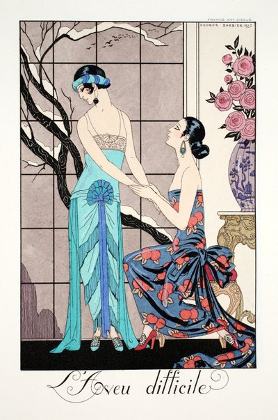 Trudne przyjęcie, z „Falbalas i Fanfreluches, Almanach teraźniejszości, przeszłości i przyszłości” autorstwa Georges Barbier