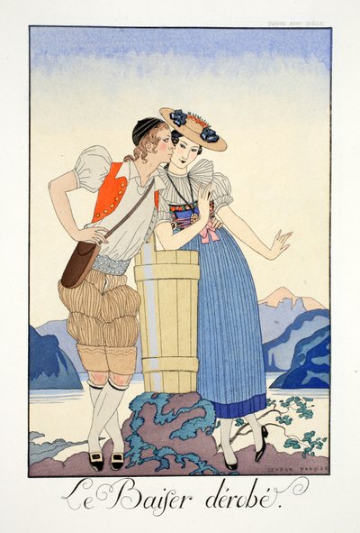 Skradziony pocałunek, z „Falbalas et Fanfreluches, Almanach teraźniejszości, przeszłości i przyszłości” autorstwa Georges Barbier