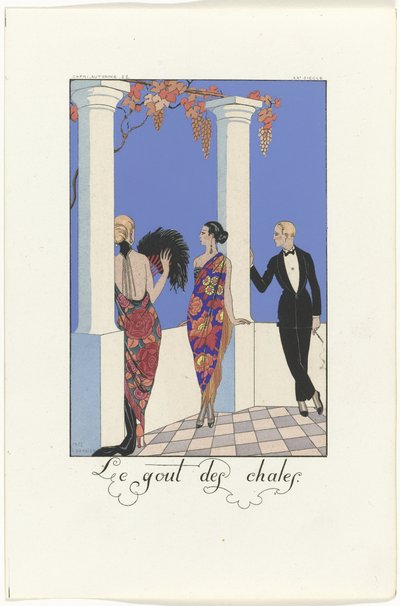 Moda na szale z serii „Falbalas i Fanfreluches” autorstwa Georges Barbier