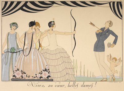 Visez au coeur, piękne damy. Celuj w serca panie. Kobieta strzela strzałą w serce mężczyzny. autorstwa Georges Barbier